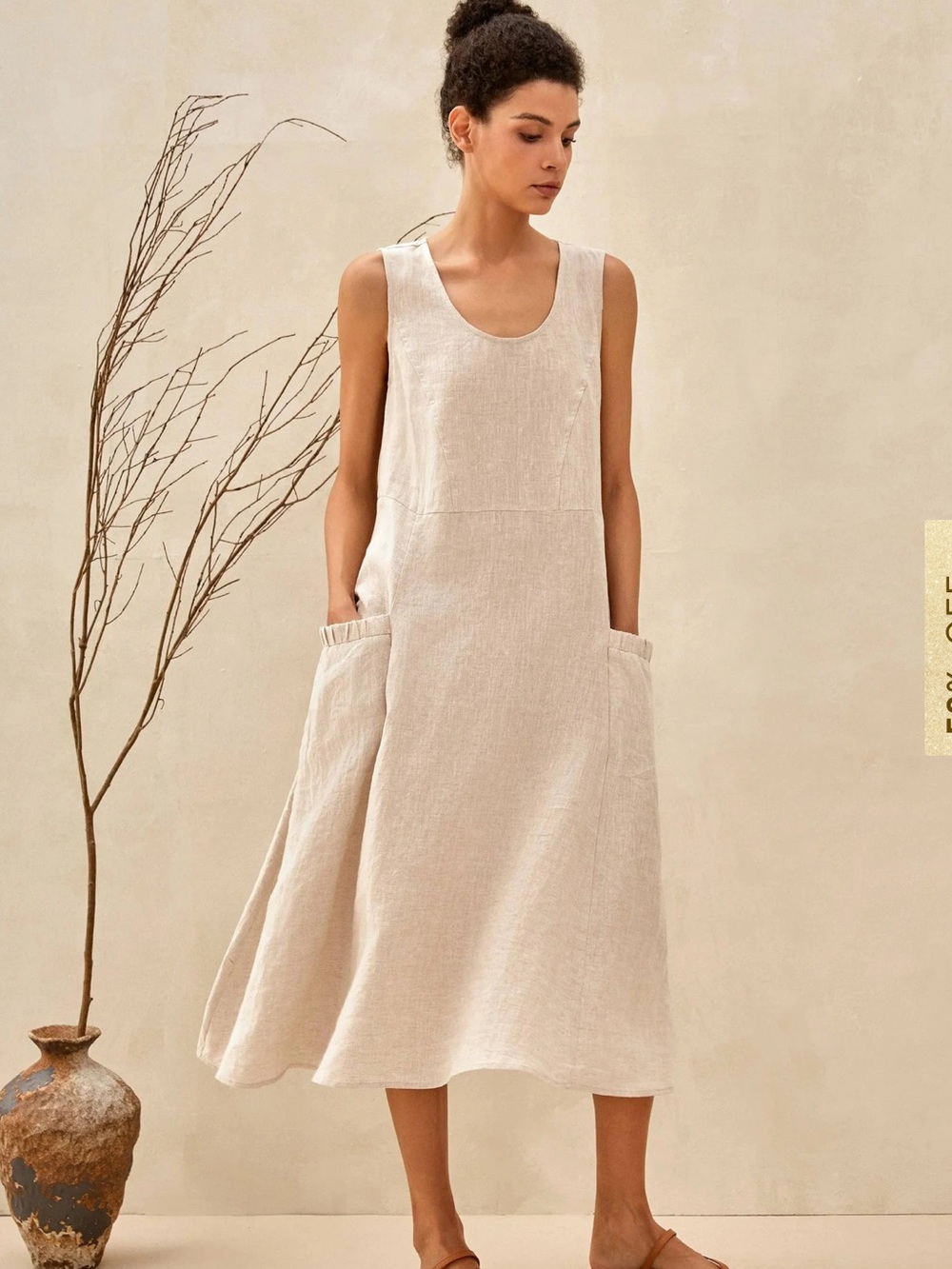 Lintico 100% Linen Swing Beach Tank Dress GIANA Linen XL Beige Natural